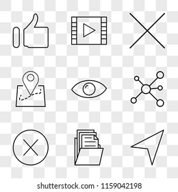 9 simple transparent vector icon pack, set of icons such as Navigation, Folder, Error, Network, View, Map location, Multiply, Video player, Like