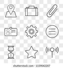 9 simple transparent vector icon pack, set of icons such as Wifi, Star, Hourglass, Menu, Settings, Id card, Attachment, Briefcase, Placeholder