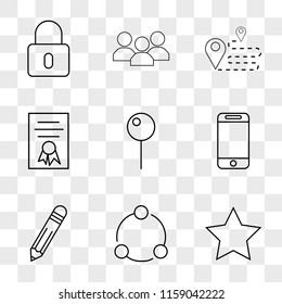 9 simple transparent vector icon pack, set of icons such as Star, Share, Edit, Smartphone, Pin, Diploma, Route, Users, Locked