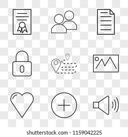 9 simple transparent vector icon pack, set of icons such as Speaker, Plus, Like, Picture, Route, Locked, File, Users, Diploma