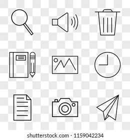 9 simple transparent vector icon pack, set of icons such as Paper plane, Photo camera, File, Time, Picture, Notebook, Garbage, Speaker, Search
