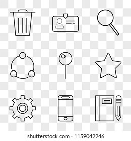 9 simple transparent vector icon pack, set of icons such as Notebook, Smartphone, Settings, Star, Pin, Share, Search, Id card, Garbage