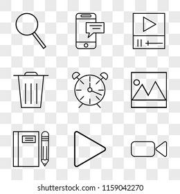 9 simple transparent vector icon pack, set of icons such as Video camera, Play button, Notebook, Picture, Alarm clock, Garbage, player, Smartphone, Search