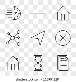 9 simple transparent vector icon pack, set of icons such as File, Hourglass, Home, Error, Navigation, Network, Add, Stopwatch