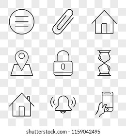 9 simple transparent vector icon pack, set of icons such as Smartphone, Alarm, Home, Hourglass, Locked, Placeholder, Attachment, Menu