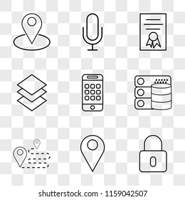 9 simple transparent vector icon pack, set of icons such as Locked, Placeholder, Route, Database, Smartphone, Layers, Diploma, Microphone, Placeholder