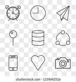 9 simple transparent vector icon pack, set of icons such as Photo camera, Like, Smartphone, Share, Database, Pin, Paper plane, Time, Alarm clock