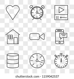 9 simple transparent vector icon pack, set of icons such as Stopwatch, Clock, Database, Smartphone, Video camera, House, player, Alarm clock, Like