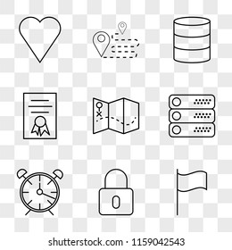 9 simple transparent vector icon pack, set of icons such as Flag, Locked, Alarm clock, Server, Map, Diploma, Database, Route, Like