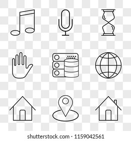 9 simple transparent vector icon pack, set of icons such as Home, Placeholder, Internet, Database, Hold, Hourglass, Microphone, Music player