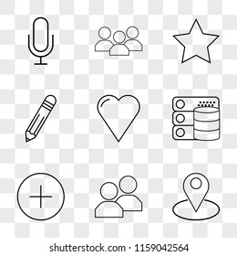 9 simple transparent vector icon pack, set of icons such as Placeholder, Users, Plus, Database, Like, Edit, Star, Microphone