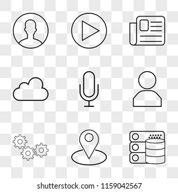 9 simple transparent vector icon pack, set of icons such as Database, Placeholder, Settings, User, Microphone, Cloud, Newspaper, Play button, User