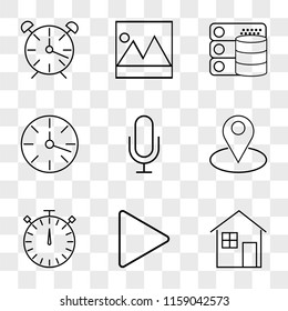 9 simple transparent vector icon pack, set of icons such as House, Play button, Stopwatch, Placeholder, Microphone, Clock, Database, Picture, Alarm clock