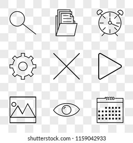 9 simple transparent vector icon pack, set of icons such as Calendar, View, Picture, Play button, Multiply, Settings, Alarm clock, Folder, Search