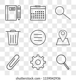 9 simple transparent vector icon pack, set of icons such as Search, Settings, Attachment, Placeholder, Menu, Garbage, Calendar, Notebook