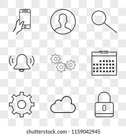 9 simple transparent vector icon pack, set of icons such as Locked, Cloud, Settings, Calendar, Alarm, Search, User, Smartphone