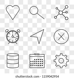 9 simple transparent vector icon pack, set of icons such as Settings, Calendar, Database, Error, Navigation, Alarm clock, Network, Search, Like