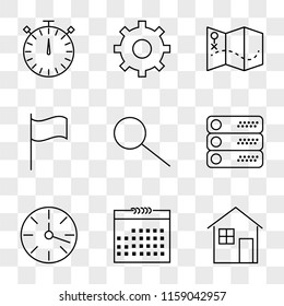 9 simple transparent vector icon pack, set of icons such as House, Calendar, Clock, Server, Search, Flag, Map, Settings, Stopwatch