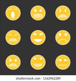 9 simple transparent vector icon pack, set of black icons such as Straight mouth emoji, Love face Angry Crying Smiling happy Anger Very angry Singing emoji