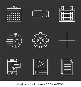 9 simple transparent vector icon pack, set of black icons such as File, Video player, Smartphone, Add, Settings, Stopwatch, Calendar, camera, Calendar