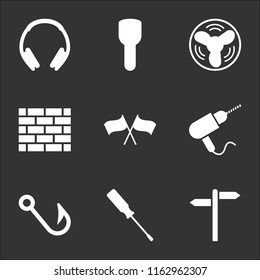 9 simple transparent vector icon pack, set of black icons such as Road Panel, Screwdriver, Hook, Drill, Flags, Brick Wall, Fan, Torch, Protective Headphones