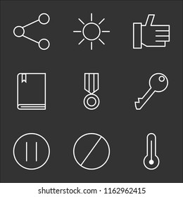 9 simple transparent vector icon pack, set of black icons such as Temperature, Blocked, Pause Circular Button, Key, Medal, Book with Bookmark, Thumb Up, Brightness, Share