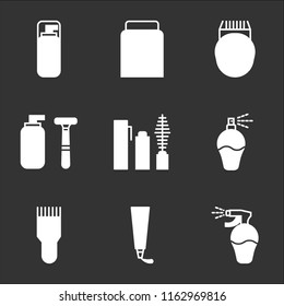 9 simple transparent vector icon pack, set of black icons such as Lotion, Toothpaste, Shaver, Perfume, Mascara, Shaving, Epilator, Cream