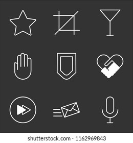 9 simple transparent vector icon pack, set of black icons such as Microphone, Mailing, Fast Forward Circular Button, Agreement, Protection, Hand, Cocktail, Crop, Star