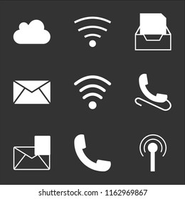 9 simple transparent vector icon pack, set of black icons such as Antenna with, Phone call auricular, Mail flag, Phone, Wifi medium strength, envelope, in inbox tray, medium, Cloud internet