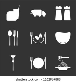 9 simple transparent vector icon pack, set of black icons such as Pasta, Dish, Fork, Steak, Vegetarian food, Cutlery, Salt and pepper, Delivery, Fast food