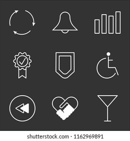 9 simple transparent vector icon pack, set of black icons such as Cocktail, Agreement, Rewind Circular Button, Disabled, Protection, Quality, Bar Chart, Notification, Reuse