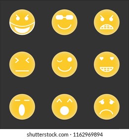 9 simple transparent vector icon pack, set of black icons such as Sad emoji, Yawning Singing Love face Wink Closed eyes Angry Sunglasses Evil smile emoji