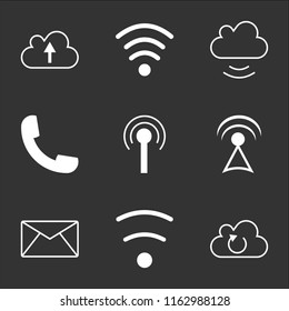 9 simple transparent vector icon pack, set of black icons such as Cloud, Wifi low, Email envelope, Antenna with, Phone call auricular, Mail inbox full interface, medium strength, Cloud upload