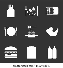 9 simple transparent vector icon pack, set of black icons such as Sausages, Clipboard, Hamburger, Shrimp, Pasta, Dish, Restaurant card, Vegetarian food, Cutlery