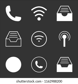 9 simple transparent vector icon pack, set of black icons such as Mail inbox full, Auricular phone, Wifi, Antenna with, Cloud menu, Inbox Wifi medium strength, Phone call auricular