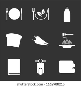 9 simple transparent vector icon pack, set of black icons such as Wallet, Scooter, Cookbook, Pasta, Spicy food, Toast, Ketchup, Vegetarian Dish