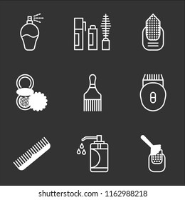 9 simple transparent vector icon pack, set of black icons such as Manicure, Soap, Comb, Epilator, Hair brush, Powder, Mascara, Perfume