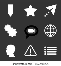 9 simple transparent vector icon pack, set of black icons such as List, Warning, Head, Internet, Speech bubble, Settings, Cursor, Star, Bookmark