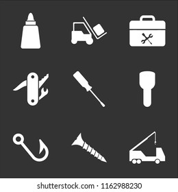 9 paquetes de iconos vectoriales transparentes simples, conjunto de iconos negros como Crane, tornillo, gancho, antorcha, destornillador, Cuchilla suiza, Caja de herramientas, Elevador de horquilla, Pegamento