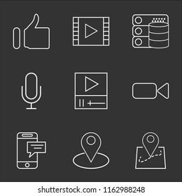 9 simple transparent vector icon pack, set of black icons such as Map location, Placeholder, Smartphone, Video camera, player, Microphone, Database, Like
