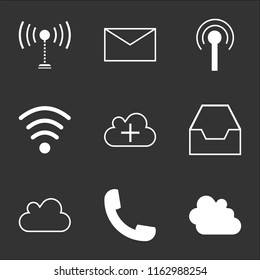 9 simple transparent vector icon pack, set of black icons such as Stormy clouds, Phone call auricular, Cloud, Inbox mail empty tray, Cloud with plus, Wifi medium strength, Antenna with, Mail, Tower