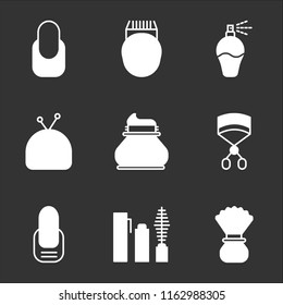 9 simple transparent vector icon pack, set of black icons such as Shaving, Mascara, Manicure, Eyelashes curler, Lotion, Makeup, Perfume, Epilator, Manicure