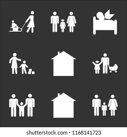 9 simple transparent vector icon pack, set of black icons such as Familiar group three, Family in home, Males family group, Father with his daughter and baby, Man woman couple Mother son playing cubes