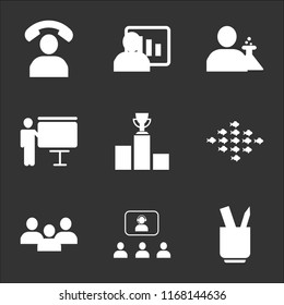 9 simple transparent vector icon pack, set of black icons such as Ruler and pencil office tools, Operator with headset talking to an audience image projection on screen, Businessman team, Fishes group