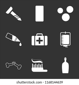 9 simple transparent vector icon pack, set of black icons such as Poison bottle with a skull, Brush tooth paste, Broken bone, Blood transfusion, First aid kit, Ear or eye drop, Medicine capsules, Drug