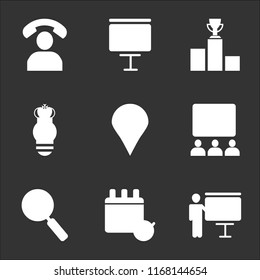 9 simple transparent vector icon pack, set of black icons such as Businessman in a presentation with screen, Calendar check, Magnifying glass, Audience business, Information placeholder exclamation