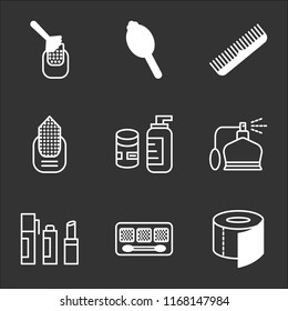 9 simple transparent vector icon pack, set of black icons such as Toilet paper, Makeup, Lipstick, Perfume, Cream, Manicure, Comb, Hand mirror, Manicure