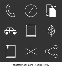 9 simple transparent vector icon pack, set of black icons such as Share, Miscellaneus, Book with Bookmark, Tree Leaf, Book, Car, Transfer Files, Blocked, Telephone