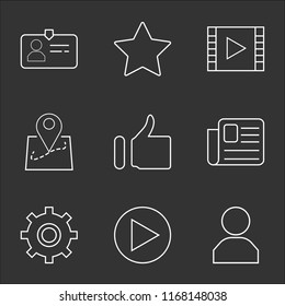 9 simple transparent vector icon pack, set of black icons such as User, Play button, Settings, Newspaper, Like, Map location, Video player, Star, Id card