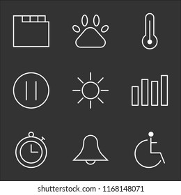 9 simple transparent vector icon pack, set of black icons such as Disabled, Notification, Timer, Bar Chart, Brightness, Pause Circular Button, Temperature, Pets, Folder